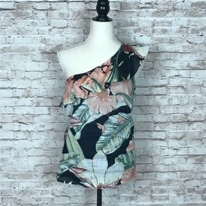 Ann Taylor Tropical Navy Print One Shoulder Blouse